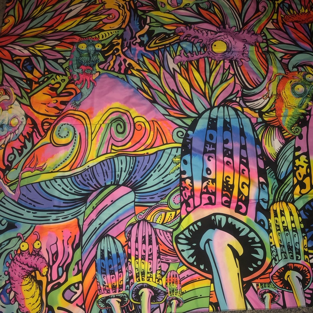 Unique Bright neon mushroom & creatures large tapestry! New!